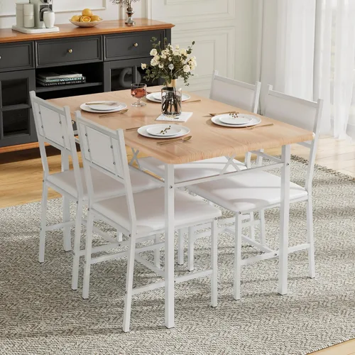 Vista 3 de VECELO Juego de mesa de comedor para 4 personas con sillas, mesa de cocina de 5 piezas y sillas acolchadas tapizadas para espacios pequeños, blanco