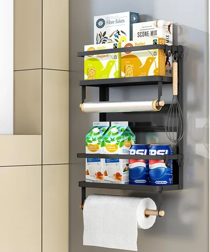 Vista 11 de Organizador de estante para refrigerador, soporte magnético para toallas de papel, para cocina, refrigerador, especias, almacenamiento (negro)