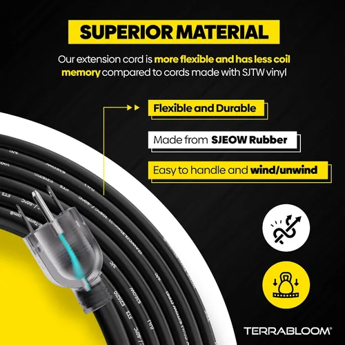 Vista 2 de TerraBloom Cable de extensión resistente 12/3 de 25 pies para exteriores, cable de extensión negro para exteriores, múltiples salidas, goma SJEOW