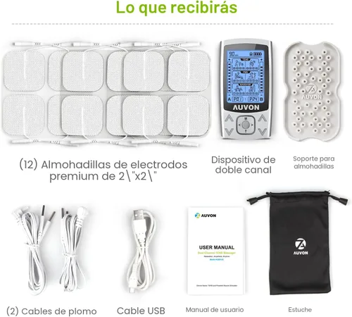 Vista 7 de AUVON Unidad TENS EMS de doble canal, 24 modos, estimulador muscular para aliviar el dolor, masajeador de máquina TENS recargable con 12