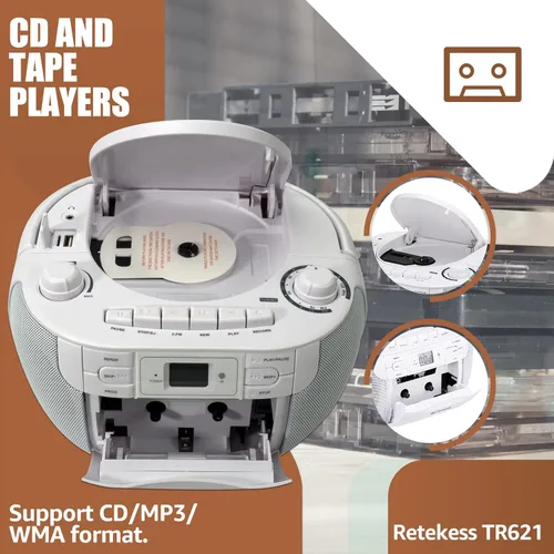 Vista 4 de Retekess Combo de reproductor de CD y casete TR621, radio FM portátil Boombox, grabadora de cinta TR606, reproductor de casete AM FM Walkman