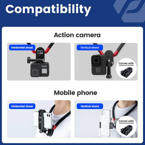 Vista 3 de Fotopro Soporte para selfie con clip para cuello POV, kit de montaje vertical, soporte de cuello de silicona flexible para teléfono con cámara
