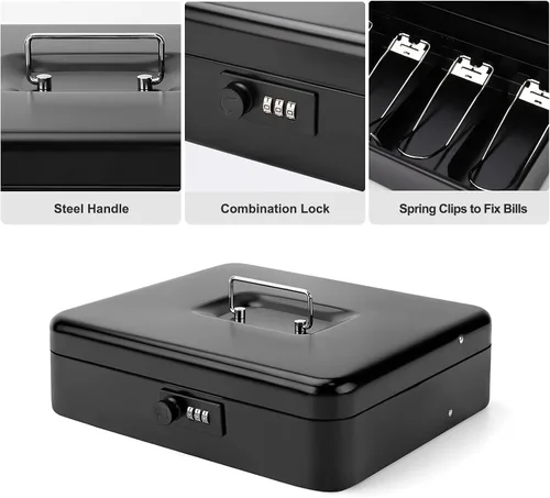 Vista 3 de Caja de efectivo con bandeja de dinero y cerradura, caja de dinero segura para efectivo, caja de bloqueo de metal con combinación, organizador