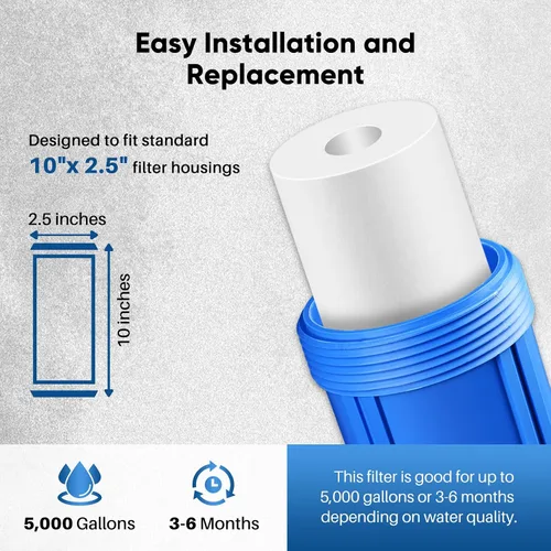 Vista 8 de PUREPLUS 1 micra 10" x 2.5" cartucho de filtro de agua sedimento para toda la casa de reemplazo para cualquier unidad RO de 10 pulgadas, Culligan