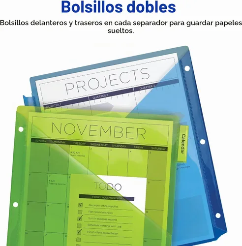 Vista 5 de Avery Separadores para carpetas de 3 anillas, juegos de 5 pestañas, separadores de carpeta de plástico de dos bolsillos con pestañas, multicolor, 3