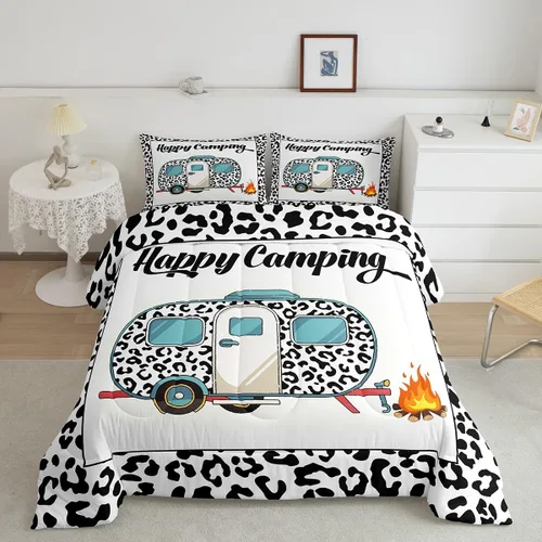 Vista 21 de Juego de ropa de cama con temática de cámper, juego de edredón de cabaña de madera marrón y verde, tamaño matrimonial, 3 piezas, decoración de Multi