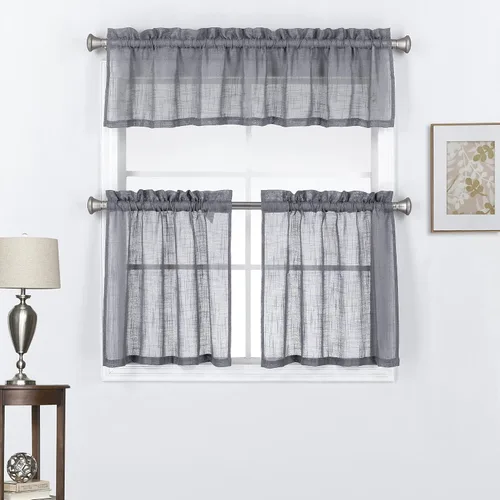 Vista 10 de Juego de 3 cortinas de lino con textura para ventana de cocina y cafetería, 24 pulgadas de largo, color negro