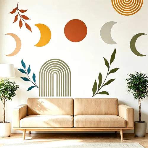 Vista 14 de Calcomanías de Pared Bohemias de Mediados de Siglo Modernas Despegar y Pegar, Pegatinas de Vinilo de Pared de Arcos Grandes Sol, Hojas Plantas