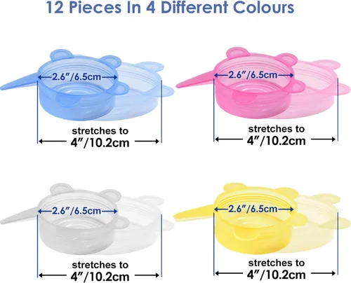 Vista 2 de Longzon Tapas elásticas de silicona, paquete de 12 fundas pequeñas, reutilizables y duraderas para almacenamiento de alimentos, para tazas, tazones