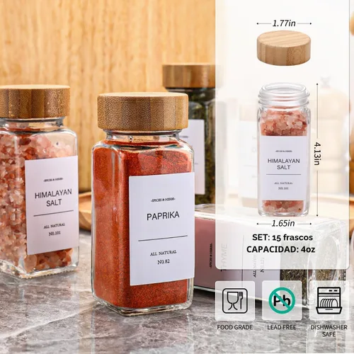 Vista 2 de DIMBRAH Tarros de especias con etiqueta de 4 onzas, 36 unidades, tarros de especias de vidrio con tapas de bambú, juego de recipientes con etiquetas