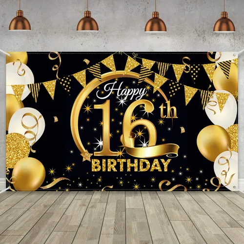 Vista 21 de Decoración de fiesta de cumpleaños número 15, cartel póster de tela extra grande negro y dorado para telón de fondo de cabina de fotos