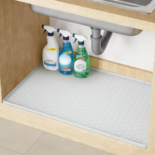 Vista 12 de TRZZ Tapete de silicona impermeable para debajo del fregadero de 34 x 22 pulgadas, bandeja de goteo y forro de gabinete para cocina y baño, evita