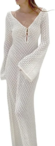 Vista 2 de Vestido largo de punto de ganchillo para mujer, vestido largo ajustado de manga larga sin espalda