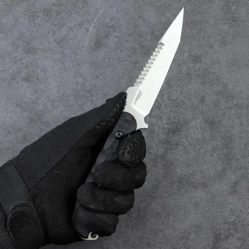 Vista 12 de LR-869 EDC - Cuchillas tácticas fijas de combate, espiga completa 14C28N de acero Reverse Serrations G10/mango de lino, funda Kydex para camping