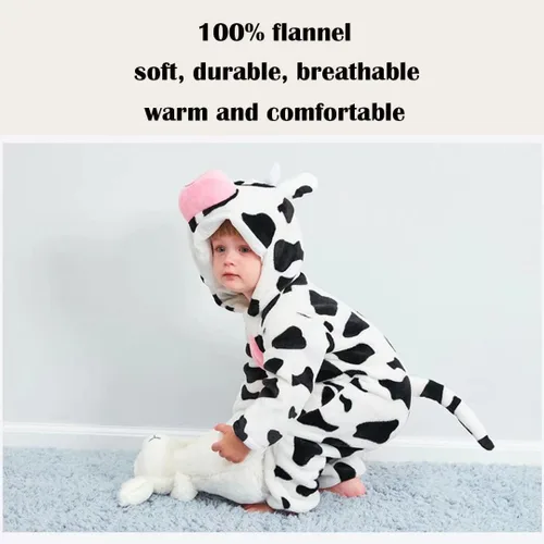 Vista 5 de QIAONIUNIU Disfraz de vaca para bebé para Halloween, mameluco para niños pequeños, rómper para cosplay, de 18 a 24 meses