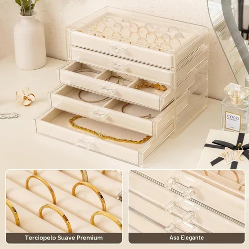 Vista 4 de Frebeauty Caja de joyas extra grande de acrílico para mujeres y niñas, organizador de aretes de terciopelo transparente de 5 capas con 5 cajones