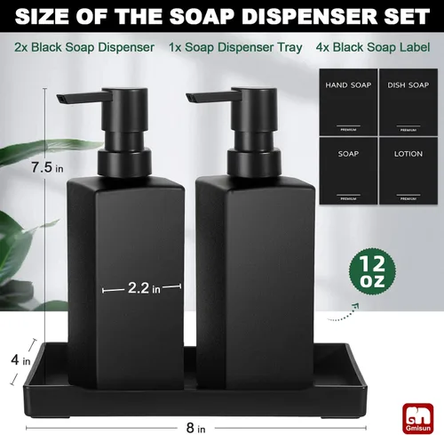 Vista 2 de GMISUN Juego de dispensador de jabón de cocina, dispensadores de jabón para manos y platos, dispensador de jabón negro de 12 fl oz/11.8 fl oz