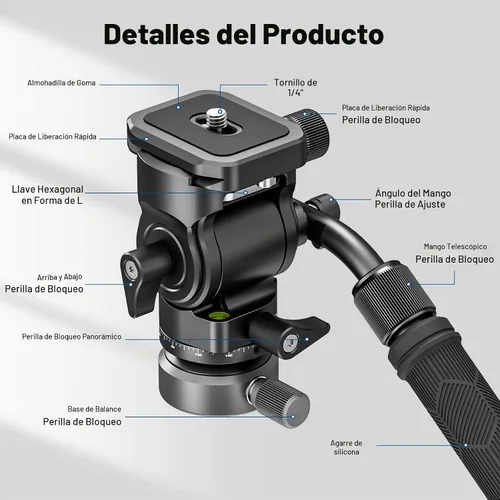 Vista 9 de NEEWER Trípode con cabeza fluida con base de nivelación +/-10° (37mm de diámetro), cabeza de pan y tilt de metal con placa QR tipo Arca, mango
