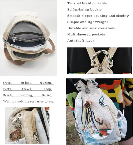 Vista 148 de HUANGGUOSHU Mochila de algodón tejida de algodón bohemio con bordado de lona estilo bohemio con múltiples bolsillos retro linda mochila cartera