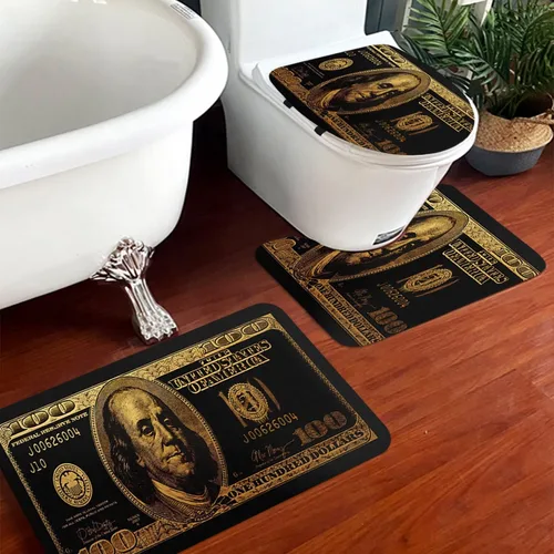 Vista 8 de GUBIYU Juego de alfombras de baño de 100 dólares, color negro y dorado, juego de alfombras de baño con dinero, tapete de baño antideslizante