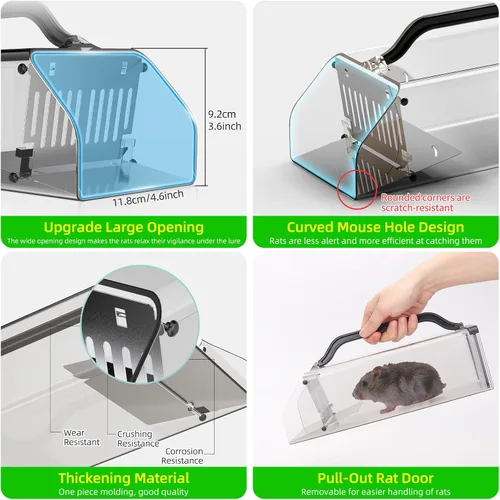 Vista 4 de Trampa humana para ratones 2025 para interiores, trampa de jaula viva, gatillo de pedal sensible, trampa para ratas humanas transparente extendida
