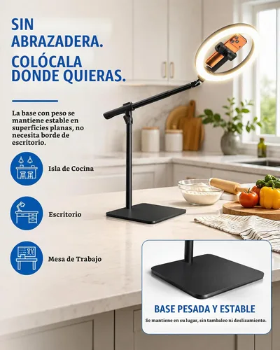Vista 2 de Anillo de luz con soporte para escritorio, soporte de teléfono superior ajustable con trípode de luz de anillo de 10 pulgadas para iPhone, trípode
