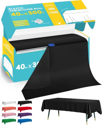 Vista 6 de Niuara Rollo de mantel de plástico negro - 40 pulgadas x 100 pies, mantel para mesa rectangular con cortador deslizante, mantel de plástico
