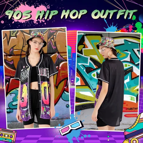 Vista 4 de Traje de los años 80 y 90 para mujer, disfraz unisex de hip hop, camiseta de béisbol, pantalones de yoga, sombrero de pescador, cadena dorada