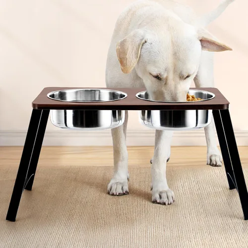 Vista 5 de Cuencos elevados para perros medianos y grandes, soporte elevado de madera con dos cuencos de acero inoxidable de 1700ML (57.5 fl oz) para comida