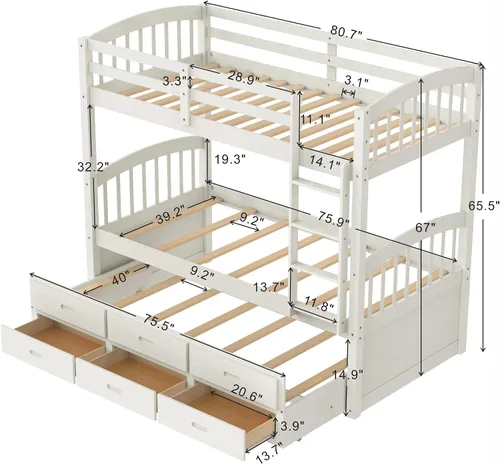 Vista 2 de Harper & Bright Designs Litera de madera maciza con nido, litera individual sobre individual con 3 cajones de almacenamiento y riel de seguridad, se