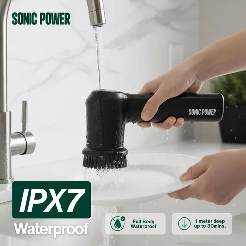 Vista 5 de SonicPower Limpiador eléctrico giratorio – De mano y ergonómico, IPX7 impermeable, 4 cabezales de cepillo multiusos, batería recargable de larga