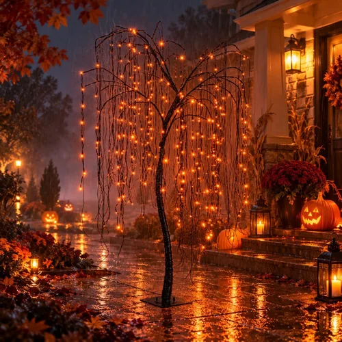 Vista 8 de Árbol de sauce iluminado de Halloween de 7 pies, 256 luces LED naranjas, árbol de sauce artificial llorón con 6 arañas, decoración