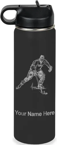 Vista 18 de LaserGram Botella de agua personalizada, jugador de hockey, acero inoxidable de doble pared aislada al vacío con popote superior, regalo grabado