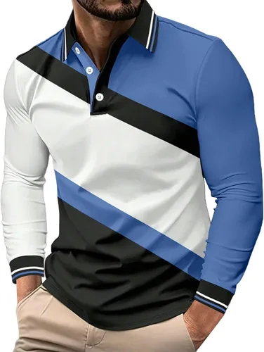 Vista 10 de Camisa polo para hombre, manga larga, cuello abotonado, bloque de color, moda para trabajo y golf