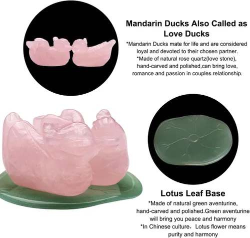 Vista 5 de Jovivi Figura de cuarzo rosa natural, patos mandarinas, Feng Shui, cristal de amor, pájaros en hoja de loto para amor y romance, (hombre y mujer)