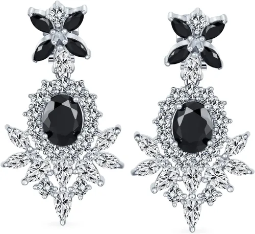 Vista 2 de Nupcial estilo art déco racimo floral AAA CZ rojo o negro declaración colgante lágrima araña clip en aretes para mujer rubí de imitación ónix
