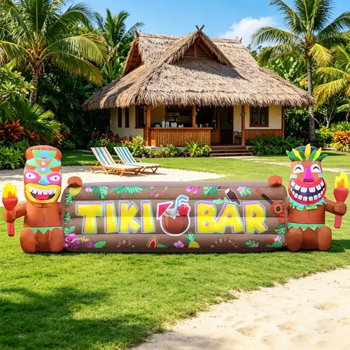 Vista 2 de DomKom Inflables Tiki Luau de 7 pies, dos inflables Tiki, hawaiano de verano tropical, decoración de fiesta, decoración de patio gigante, luces LED