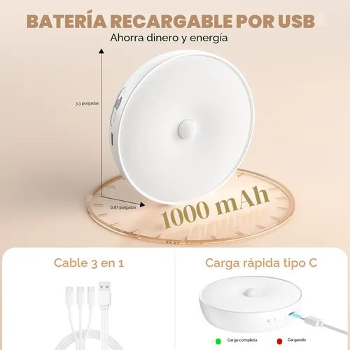 Vista 3 de Luces LED de color cálido para armario, luz de disco con sensor de movimiento, luces de paso de disco recargables por USB, iluminación regulable