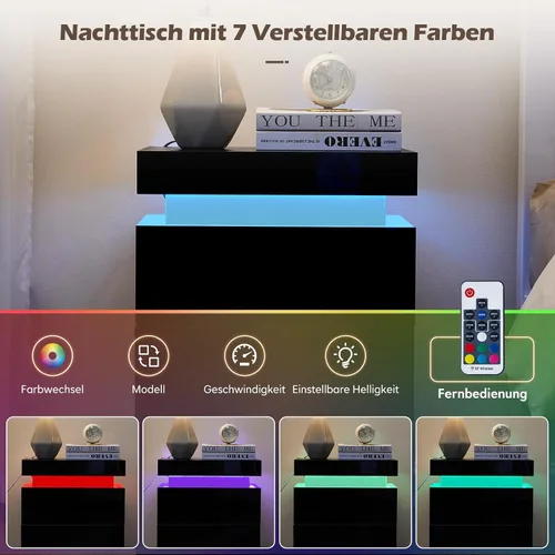 Vista 4 de TUKAILAi Mesita de noche con luz LED, moderna mesita de noche negra con tapa abatible, mesita de noche pequeña con 3 cajones de madera, mesa