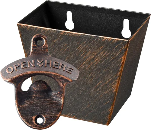 Vista 10 de Abridor de botellas de cerveza montado en la pared al aire libre con tapa Catcher cubo tornillo en pared bronce antiguo inoxidable