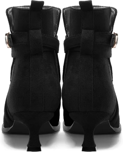 Vista 4 de MODENCOCO Vestido de gamuza para mujer, puntera redonda, correa de tobillo, hebilla de moda, tacón bajo, botas altas hasta el tobillo, 2 pulgadas