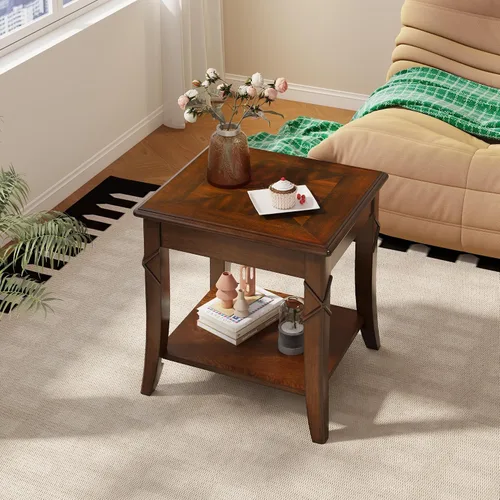 Vista 3 de Mesa auxiliar de madera maciza con estante de almacenamiento, mesa auxiliar rectangular vintage para sofá con mesa de empalme y patas talladas, mesa