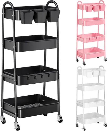 Vista 15 de Carrito rodante de 3 niveles de metal gris, carrito de almacenamiento de malla con asa y ruedas con cerradura, carritos organizadores