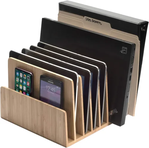 Vista 12 de MobileVision Organizador de dispositivos de bambú para teléfonos inteligentes, tabletas y portátiles, 10 ranuras