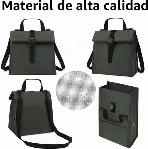 Vista 5 de GYEUKHAM Bolsa de almuerzo aislada para hombres/mujeres/niños, lonchera reutilizable con tapa enrollable y correa ajustable para el hombro Verde