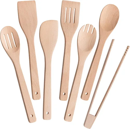 Vista 8 de Eisinly Cucharas de madera para cocinar, 7 piezas, juego de utensilios de cocina de madera antiadherentes, cuchara de espátula de madera duradera