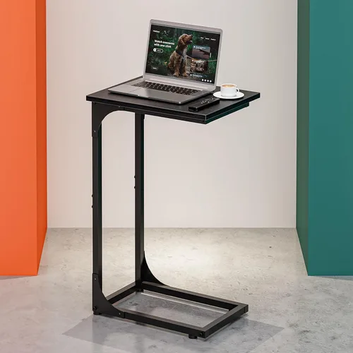 Vista 11 de Mesa auxiliar en forma de C para sofá, soporte de café pequeño, bandeja de sofá con marco de metal, parte superior de madera impermeable resistente