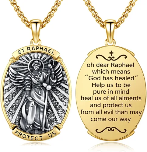 Vista 17 de Collar con colgante de amuleto de medalla de San de plata 10A-St Michael Oval