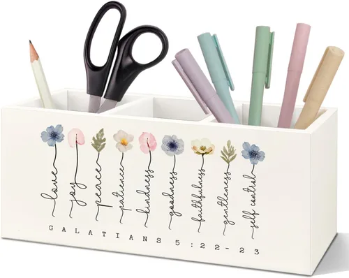 Vista 8 de SNNDER Soporte para bolígrafo cristiano floral para escritorio, regalos religiosos cristianos para mujeres, Romanos 12:12, versículos de la Biblia