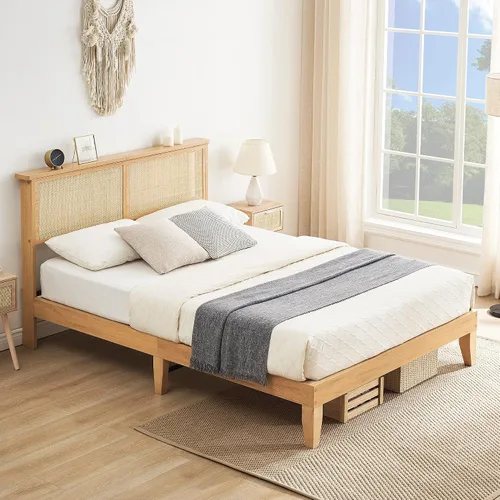 Vista 7 de coucheta Base de cama matrimonial de madera maciza de 12.4 pulgadas con cabecera de ratán natural, plataforma de tamaño matrimonial con luces LED